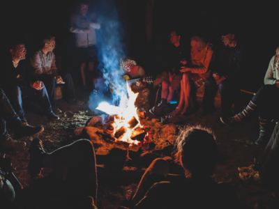 Personen sitzen mit Gitarre am Feuer.