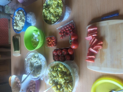 Vieles buntes Essen (Tomaten, Kartoffelsalat, Paprika, Gurken, Dip).