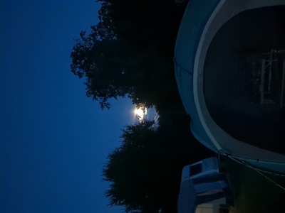 Camp bei Nacht, der Mond scheint hell zwischen den Bäumen.