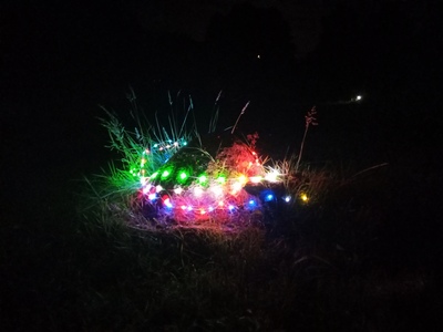 Eine um einen Stein gewickelte Lichterkette als Beleuchtung in der Nacht.